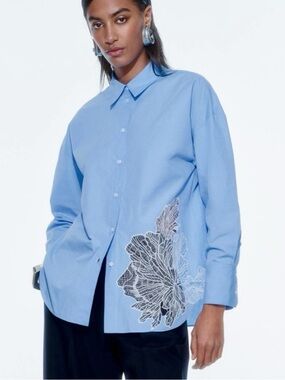 Zara embroidered flower poplin shirt